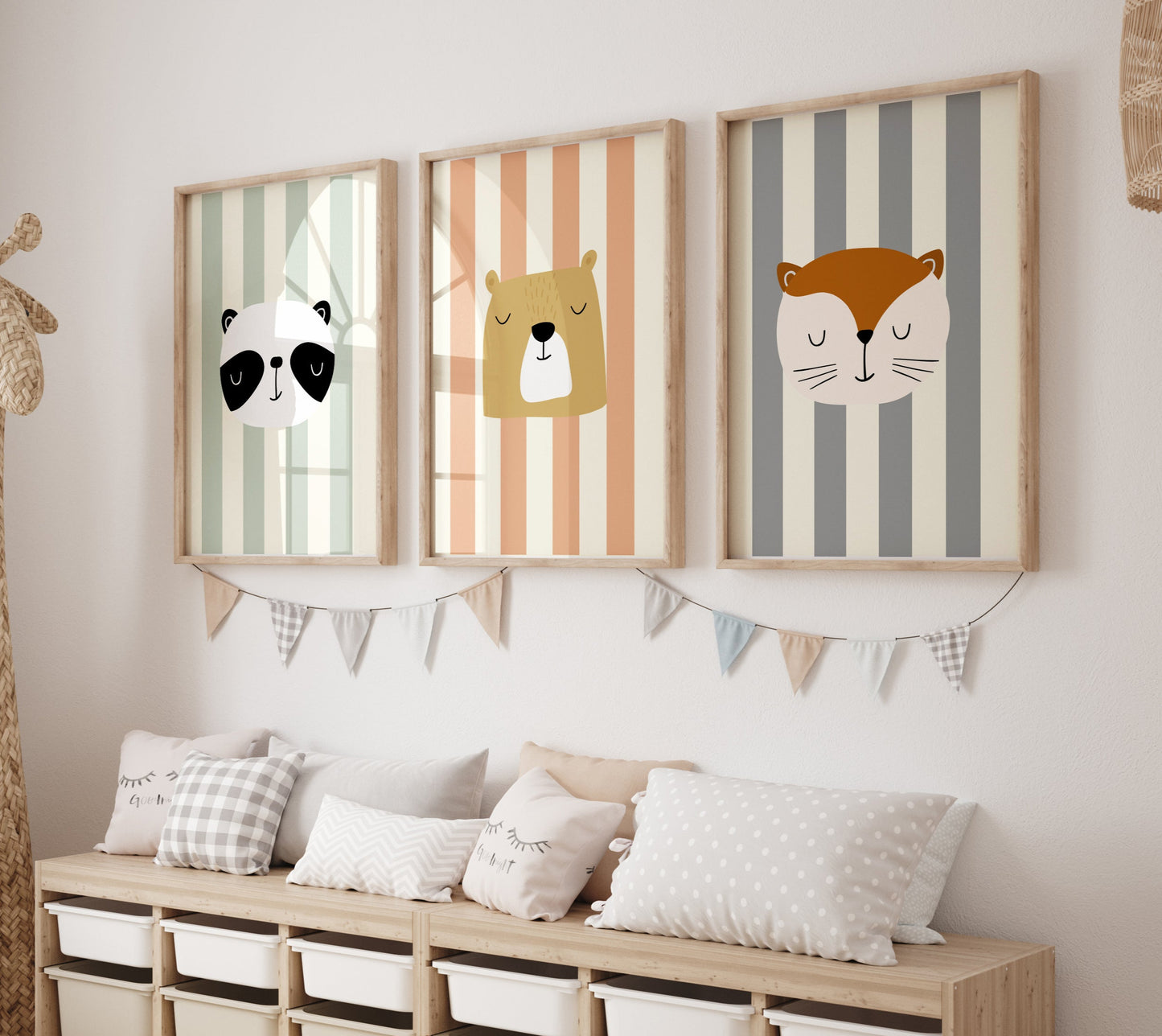striped fox panda bear wall art